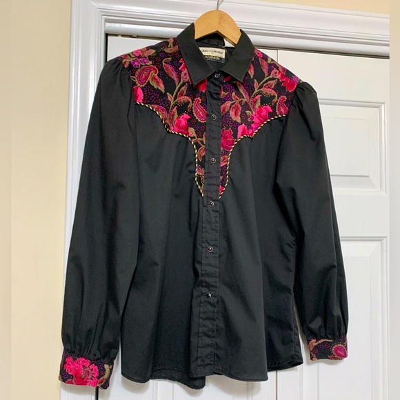 Karman Tops - Karman Western Vintage Kenny Roger’s Shirt Black Floral - Womens 15/16 - L